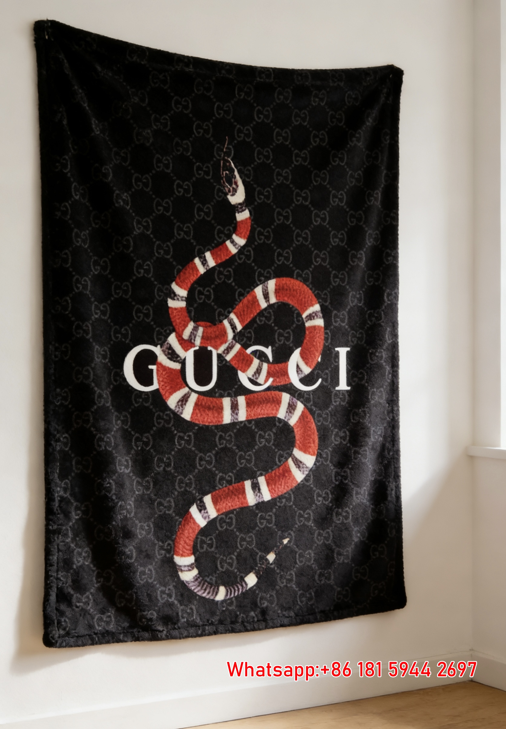 Red Snake & GG Logo Luxury Throw blankets  Gucci Signature Serpent on Black Monogram Wall Tapestry IMG_2646